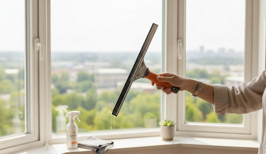 Raclette professionnelle 35 cm et mouilleur microfibre sur perche télescopique pour nettoyer des vitres sans trace depuis le sol