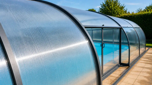 Nettoyage d'un abri de piscine en polycarbonate avec une brosse microfibre souple montée sur perche télescopique depuis le sol