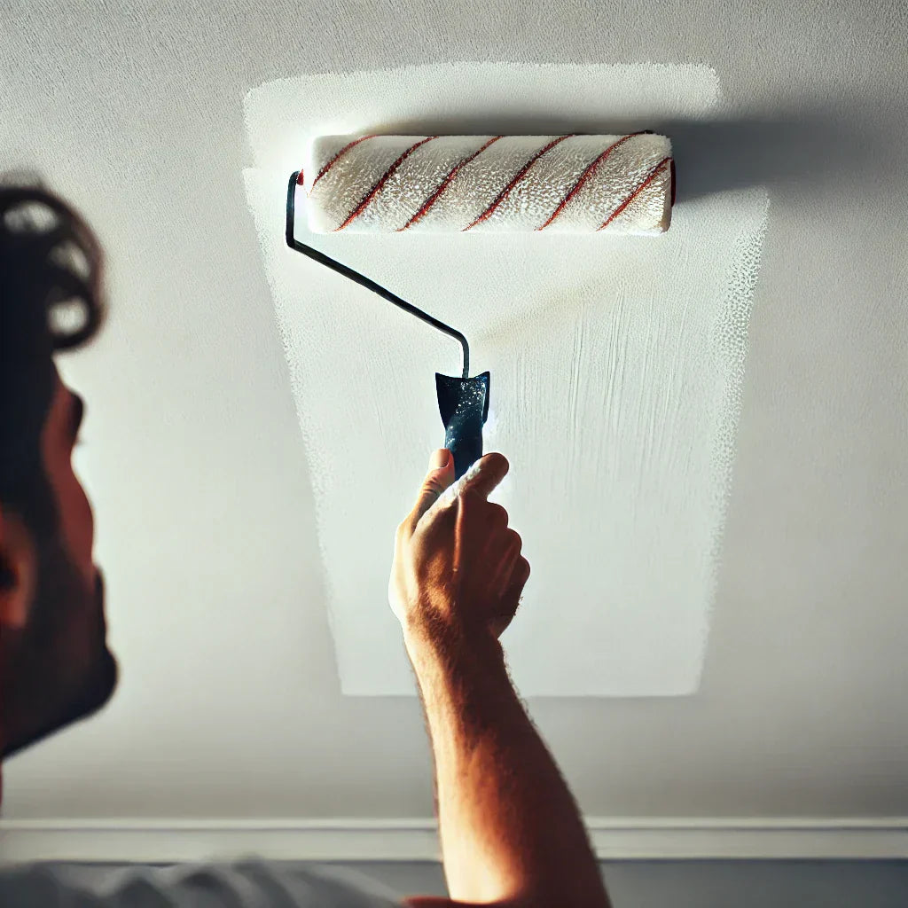 Peinture d'un plafond avec un rouleau fixé sur un manche télescopique depuis le sol sans échelle