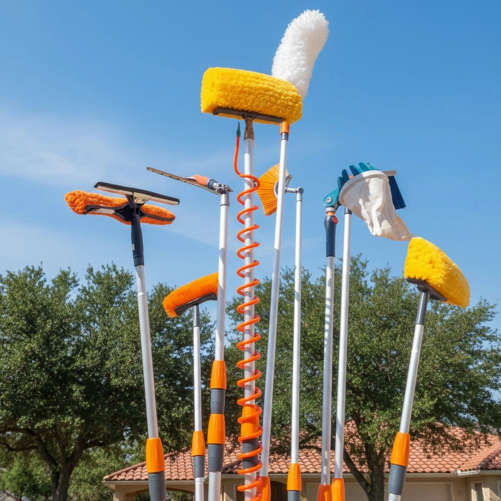 Présentation de différentes perche télescopique gardenland, pour montrer les différents accessoires compatibles